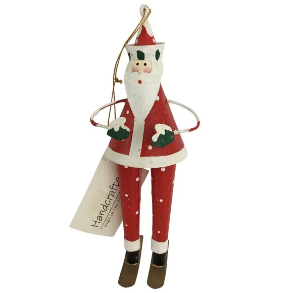 Handcrafted Tin Santa Skiing Ornament Red White Folk Art Lodge Christmas Decor - Picture 1 of 6